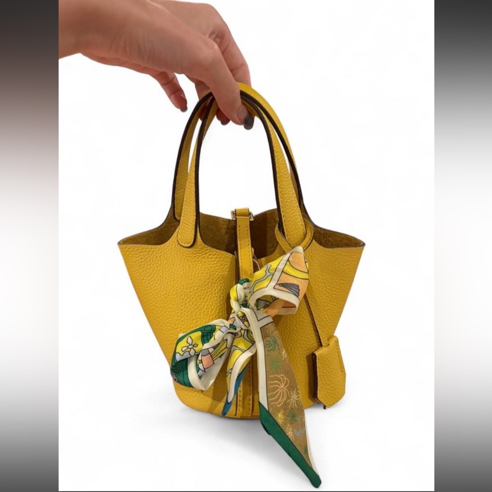 Yellow Women’s Leather Tote Bag with Decorative Scarf